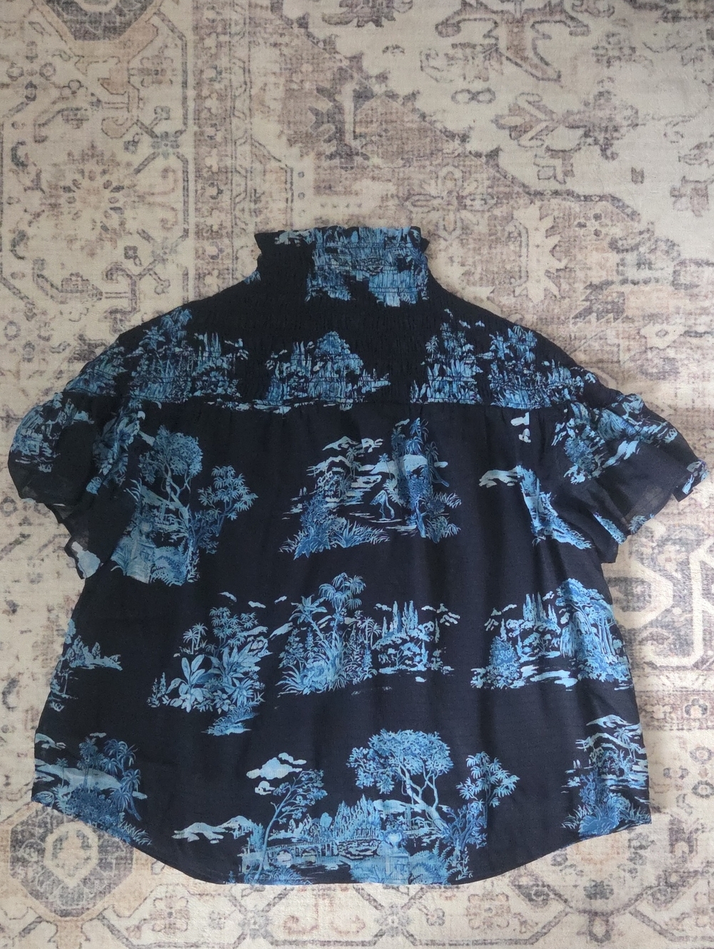 Ann Taylor Navy Top with Light Blue Scenic Print and Ruffle Sleeves